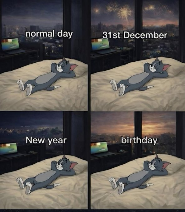 A four-panel meme featuring Tom from Tom and Jerry lounging on a bed, with each panel labeled: 'normal day', '31st December', 'New year', and 'birthday'.