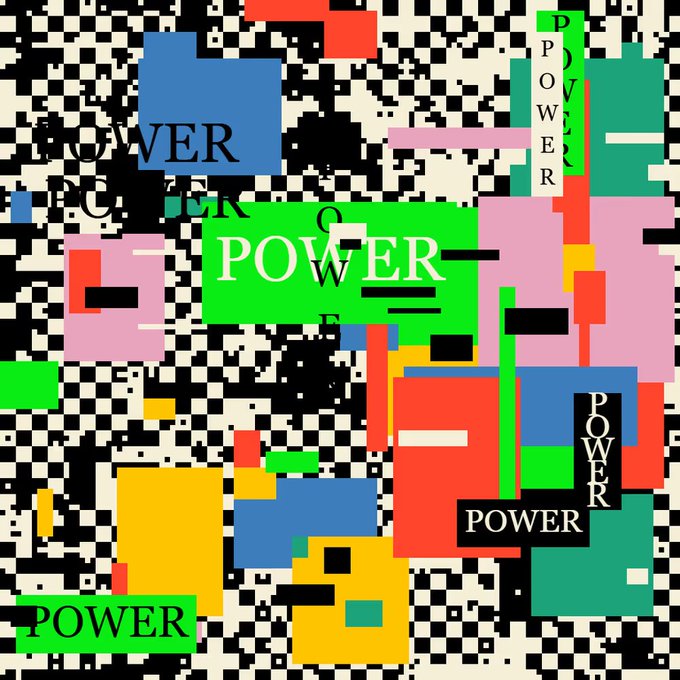 A chaotic digital collage or glitch art piece features a black and white pixelated background covered with various colorful rectangles and the word 'POWER' repeated numerous times in different fonts, sizes, and orientations.