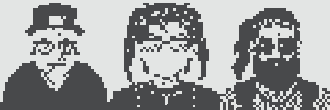 A pixel art depiction of three characters' heads and shoulders in grayscale.