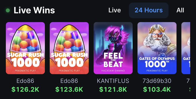 A "Live Wins" leaderboard from the past 24 hours shows top slot game payouts, with "Edo86" winning $126.2K and $123.6K on Sugar Rush 1000, "KANTIFLUS" taking $121.8K on Feel the Beat, and "73d69b30" earning $103.4K on Gates of Olympus 1000. The image directly illustrates the post's claim of these three players all achieving six-figure wins in a single day.