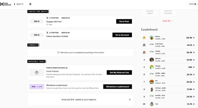 The image shows a Quantum Egalite quests page displaying limited-time quests (100 coins each for engaging with a post and following @Amedxn on X), repeatable tasks offering a referral link and Mindshare Leaderboard (currently at 299), and a Leaderboard featuring top users like Nesss (45.4K), Lost_Inu (44.1K), and OcoEx (38.3K), with the user at rank 85 earning 14.7K points. This dashboard visually reinforces the post's discussion of Quip Network by showcasing its gamified points-and-leaderboard ecosystem designed to replace traditional computational blockchain mining with user-driven engagement and referral incentives.