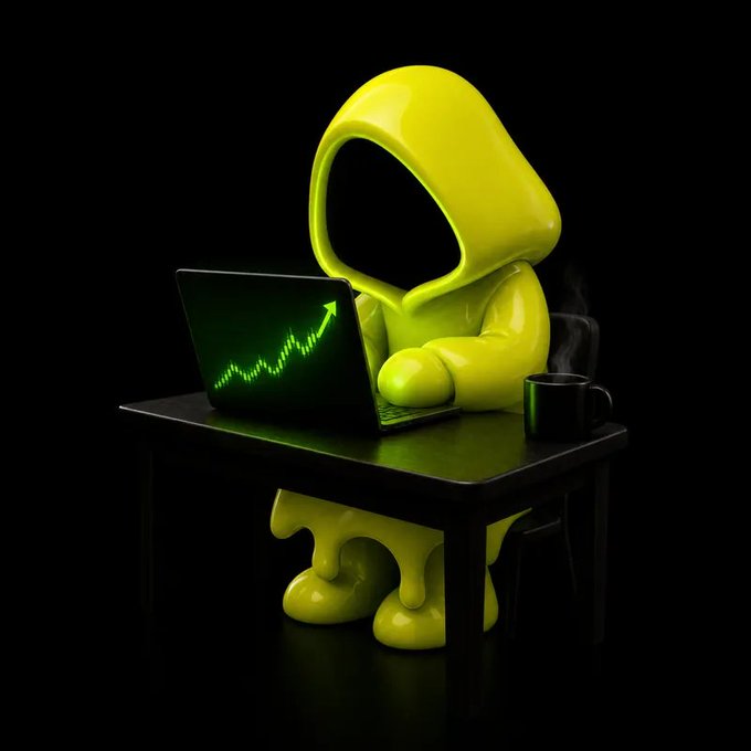 A 3D rendered glossy yellow hooded figure sitting at a small black table, working on a laptop displaying a green stock chart trending upward, with a steaming black mug beside it.