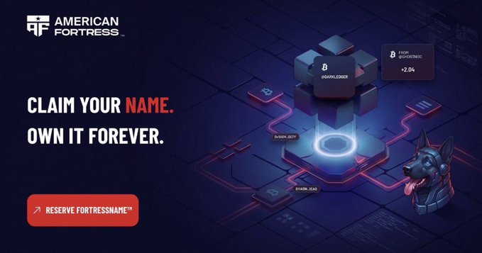 An advertisement for 'AMERICAN FORTRESS' with the tagline 'CLAIM YOUR NAME. OWN IT FOREVER.' featuring a 3D illustration of a Doberman dog and blockchain icons.
