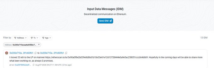 The image shows the Input Data Messages (IDM) interface, displaying a single decentralized communication on Ethereum from address 0x200e710a...c0f1d50f1, posted 2 hours ago by 0x397869a2efc1, sharing a link to their website "what been working on" along with always promises. The post's hashtag references about NFT, ETH, and IdentityMD align with the platform's purpose of showcasing on-chain messaging and identity-based communications.