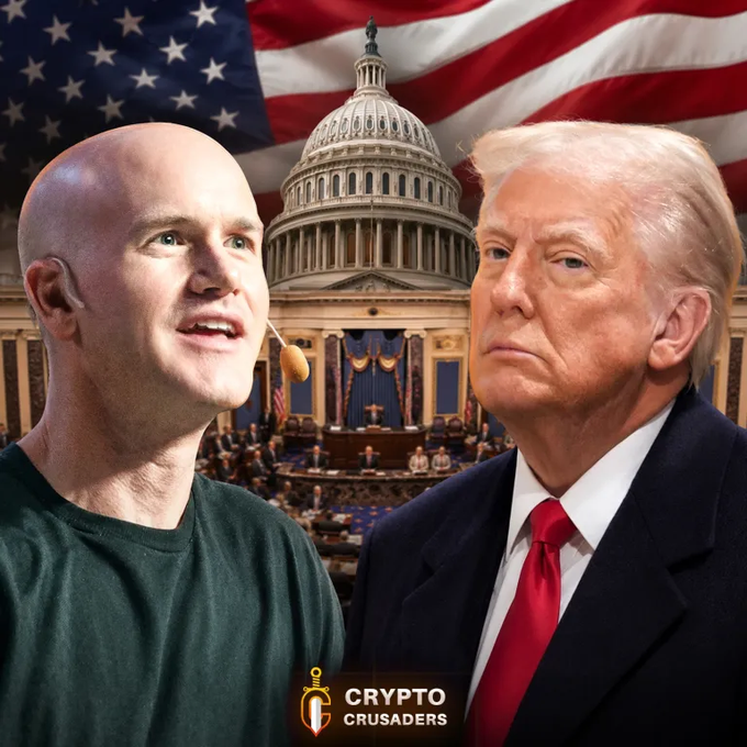 This image depicts Coinbase CEO Brian Armstrong and Donald Trump in front of the US Capitol, symbolizing a call for the passage of the Crypto Clarity Act. The "Crypto Crusaders" logo is also visible.