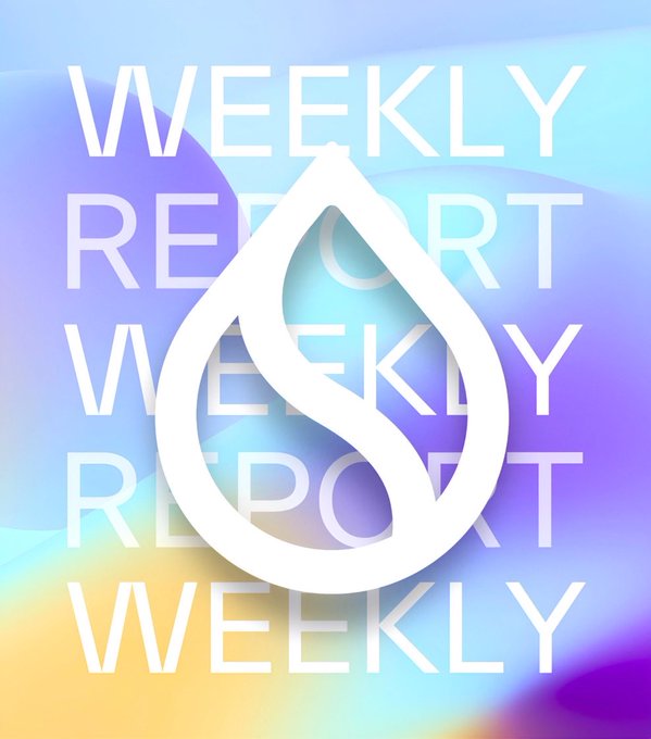 The graphic displays a stylized white water drop logo centered over a vibrant, gradient background of purple, blue, and yellow, with the words "WEEKLY REPORT" repeatedly stacked in the background. The design appears to be promotional artwork for "Sui Weekly Reports," symbolizing the Sui blockchain brand through its droplet icon and referencing the consistent, news-filled publications shared during the bull market era.