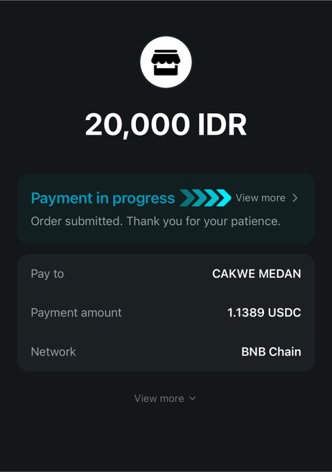 A mobile payment screen shows a transaction of 20,000 IDR in progress, with the payee listed as CAKWE MEDAN for an amount of 1.1389 USDC on the BNB Chain network.