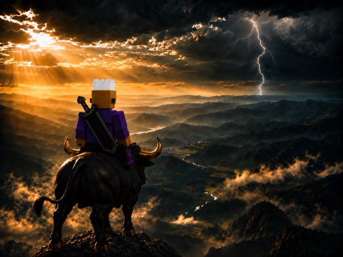 A dramatic scene of a blocky, Minecraft-style character riding a black bull on a mountain peak, with sun rays and lightning in a stormy sky.