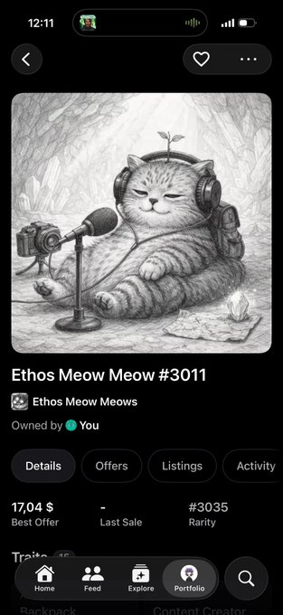 A mobile app screenshot showing a pencil-drawn NFT of a cat wearing headphones and singing into a microphone, titled 'Ethos Meow Meow #3011' priced at 17.04 $.