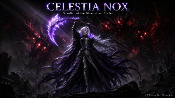 Digital artwork titled 'CELESTIA NOX - Guardian of the Dimensional Border' showing a white-haired female figure in a flowing dark cloak wielding a glowing purple scythe against a dark, demonic background, labeled as an 'NFT Character Showcase'.