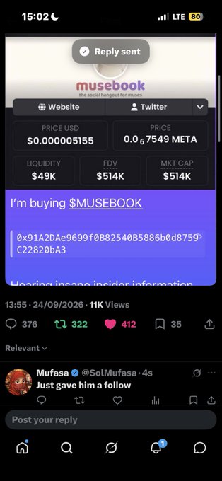A screenshot of a social media post showing the $MUSEBOOK token on the 'musebook' platform with a price of $0.000005155 USD, FDV of $514K, and a user declaring 'I'm buying $MUSEBOOK' along with a contract address.