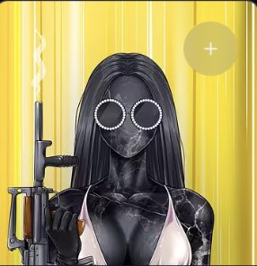 A stylized digital artwork of a dark-skinned woman with long black hair, round sunglasses, a bikini top, and holding a rifle against a bright yellow background.