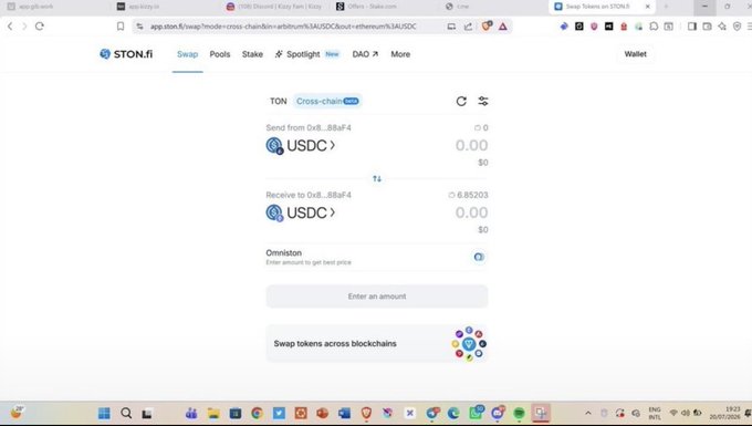 Screenshot of the STON.fi Swap interface showing a cross-chain token exchange between USDC on TON and USDC on 0x8...8BaF4, with 0.00 entered and an estimated receive of ~6.85203.