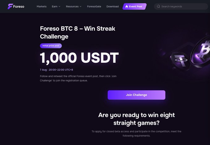 A screenshot of the Foreso website promoting the 'Foreso BTC 8 – Win Streak Challenge' with an initial prize pool of 1,000 USDT, scheduled for August 7 from 20:00-22:00 UTC+8, featuring a 'Join Challenge' button.