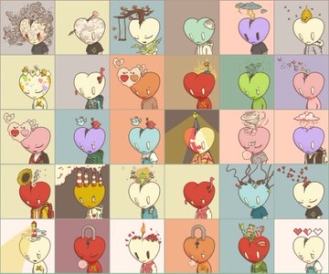 A grid of various cartoon-style heart characters in different colors, each with unique designs and features.