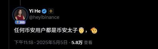 Yi He (@heyibinance), with 205K likes, posted on May 5, 2025: "任何币安用户都是币安太子," followed by a pensive and angry-face emoji, meaning "Every Binance user is the Binance Crown Prince."