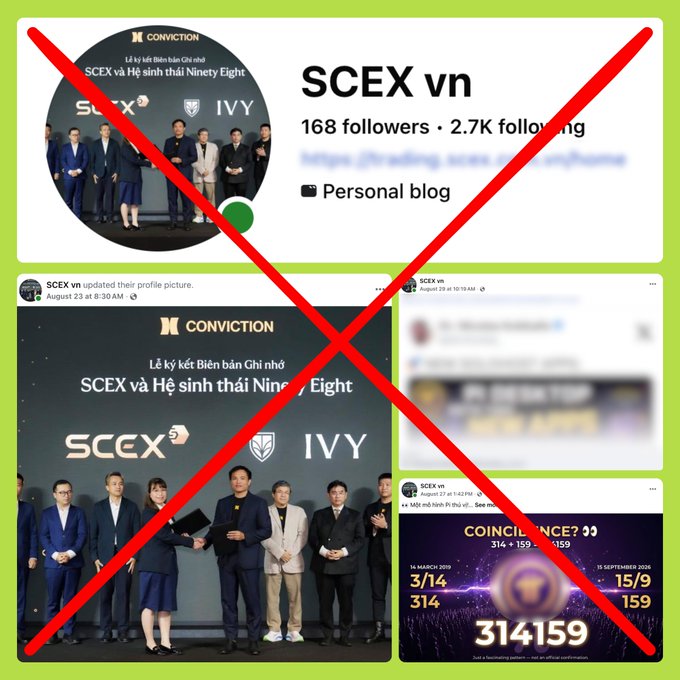 The image displays a red "X" over screenshots of a fake Facebook page named "SCEX vn," which has 168 followers and is following 2.7K accounts, using photos from SCEX's official signing ceremony with IVY as its profile picture. The page includes posts referencing "COINCI" and the number "314159" (314,159), likely used to promote Pi cryptocurrency as part of the impersonation scam.