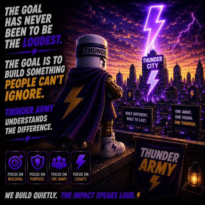A promotional graphic featuring a LEGO-like figure in a purple cape with 'THUNDER' on its helmet overlooking a purple-lit city skyline labeled 'THUNDER CITY', with text including 'THE GOAL HAS NEVER BEEN TO BE THE LOUDEST. THE GOAL IS TO BUILD SOMETHING PEOPLE CAN'T IGNORE. THUNDER ARMY UNDERSTANDS THE DIFFERENCE.', 'WE BUILD QUIETLY. THE IMPACT SPEAKS LOUD.', and four icons labeled 'FOCUS ON BUILDING', 'FOCUS ON PURPOSE', 'FOCUS ON THE ARMY', 'FOCUS ON LEGACY'.