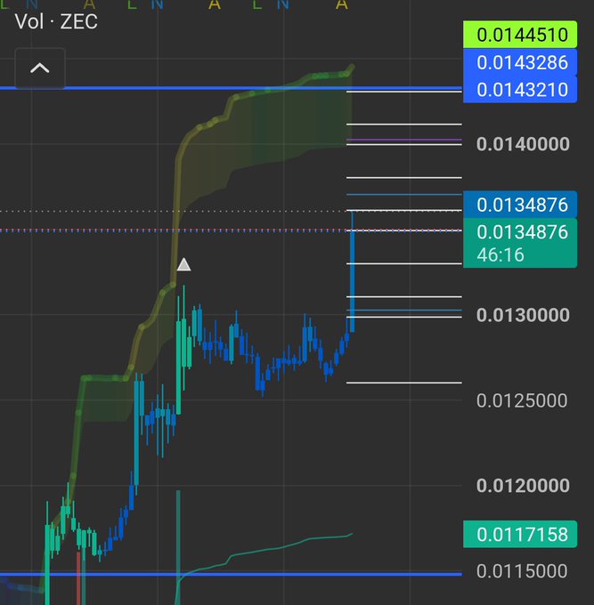 A cryptocurrency trading chart for ZEC showing price levels and candlestick movements against various horizontal support and resistance lines.
