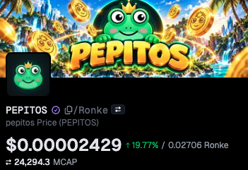 A cryptocurrency listing for PEPITOS showing a price of $0.00002429, up 19.77%, with a market cap of 24,294.3 MCAP, featuring a cartoon frog mascot wearing a crown.
