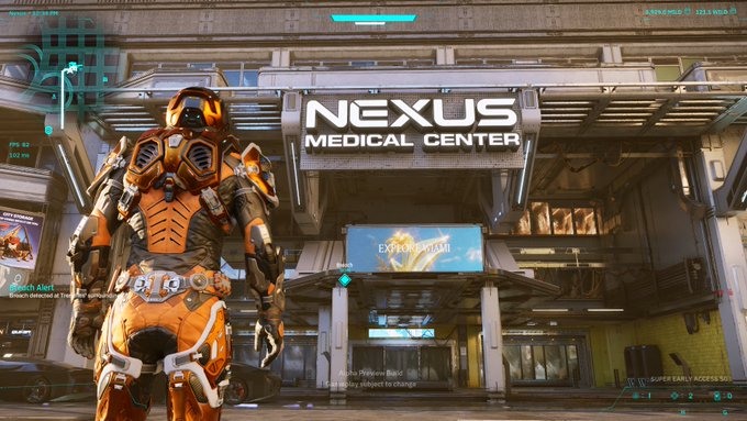 An armored character stands outside the “NEXUS MEDICAL CENTER,” whose entrance sign reads “EXODUS III,” with interface text such as “SUPER EARLY ACCESS” visible. The setting reinforces the post’s line “Every Wilder ends up here eventually,” suggesting the medical center is a familiar destination for battered adventurers.
