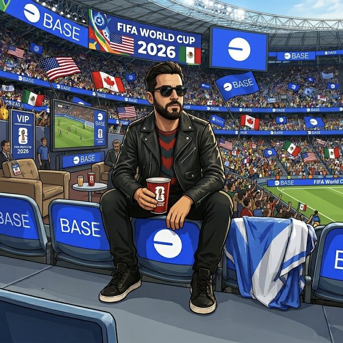 The image features a man sitting in an empty stadium, wearing sunglasses and holding a drink. The man appears to be a fan of baseball or soccer, as there are multiple flags visible around him. The caption provided seems to be unrelated to the main subject matter but is included for completeness.