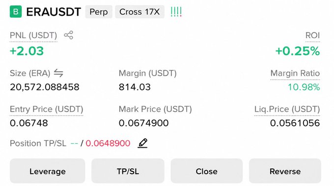 A screenshot of a Binance perpetual futures position on ERAUSDT showing a long trade with 17X cross leverage at entry price 0.06748, currently up +2.03 USDT (+0.25% ROI) with a take-profit/stop-loss set at 0.06489 and size of 20,572 ERA tokens.