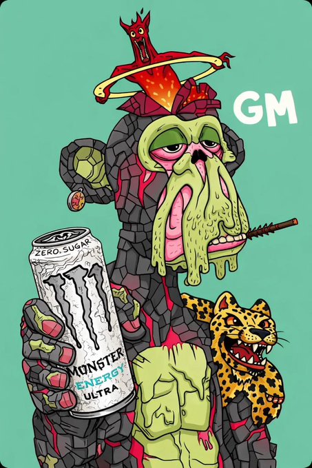 A cartoonish, grotesque figure with a melting green face, red demon on its head, and leopard companion holds a 'Monster Energy Ultra Zero Sugar' can. Text reads 'GM'.