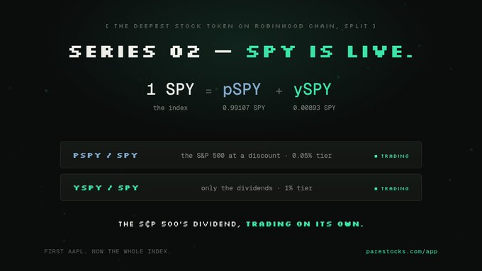 A dark-themed digital announcement for "Series 02" on Robinhood Chain announcing the launch of split SPY tokens (pSPY and ySPY), displaying the equation "1 SPY = pSPY (0.99107) + ySPY (0.00893)" with trading tiers at 0.05% and 1%, directing users to paxestock.com/app.