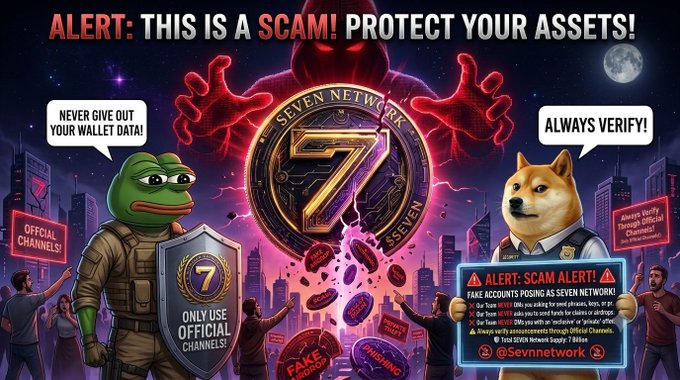 The graphic, headlined "ALERT: THIS IS A SCAM! PROTECT YOUR ASSETS!", warns users about fake accounts impersonating SEVEN Network (Seven Network), specifically mentioning @Sevnnetwork and a fraudulent "$5000 Airdrop" DM scam asking for wallet details. It features Pepe and Doge mascots alongside slogans like "NEVER GIVE OUT YOUR WALLET DATA!" and "ALWAYS VERIFY!" to reinforce the post's message that the real SEVEN Network will never DM users first.