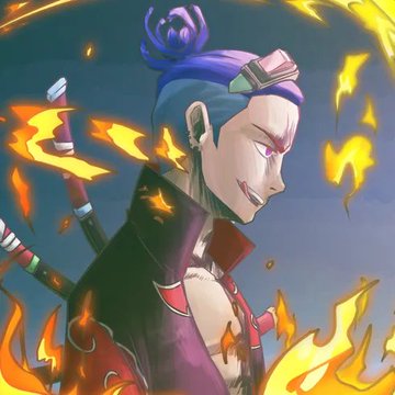 An illustrated anime-style character with purple hair, glowing purple eyes, and flames surrounding them, holding what appears to be a sword handle.