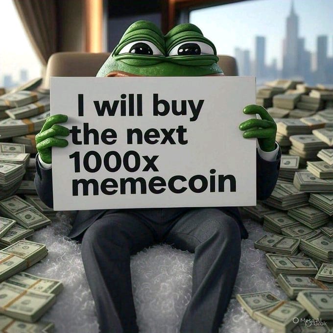 A Pepé the Frog meme character in a suit sitting amid piles of cash, holding a sign reading 'I will buy the next 1000x memecoin' with a city skyline visible in the background.