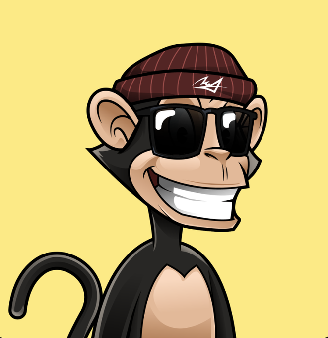 A cartoon illustration of a smiling monkey wearing sunglasses and a maroon beanie with a white logo, set against a yellow background.