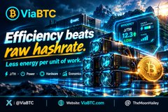 Promotional graphic for ViaBTC featuring a blue Bitcoin mining facility and a gold coin, with the headline “Efficiency beats raw hashrate” and the claim “Less energy per unit of work.” It supports the post’s bullish market message by highlighting improved mining efficiency alongside falling Fed rate-hike odds.