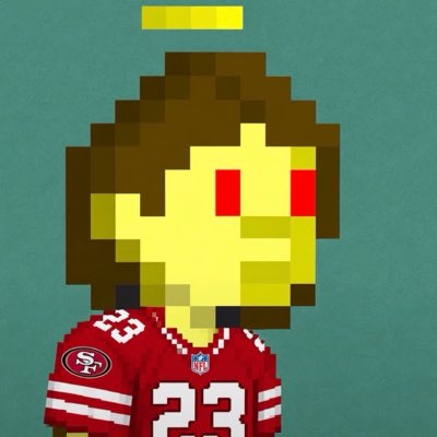 A pixel art character with a halo, red eyes, and a censored body, wearing a red San Francisco 49ers jersey with the number 23.