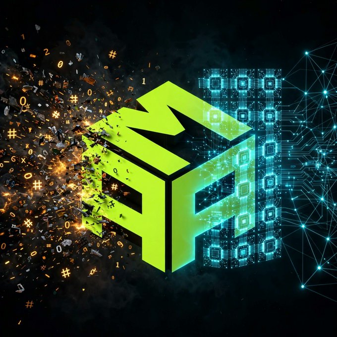 A vibrant green cube logo breaking apart into digital numbers and symbols against a dark background with circuit board and network connection elements.