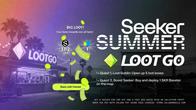 A promotional graphic for "Seeker Summer Loot Go" featuring a sunset-lit storefront scene with palm trees, displaying "BIG LOOT!" rewards of 37.2 $SKR and 1 gem, alongside two quests: "Loot Goblin: Open up 5 loot boxes" and "Boost Seeker: Buy and deploy 1 SKR Booster on the map." The image ties directly to the post's announcement about Seeker Summer R3 loot box rewards, highlighting the randomly drawn 37.2 $SKR pull and encouraging users to explore the map for their own potential loot.