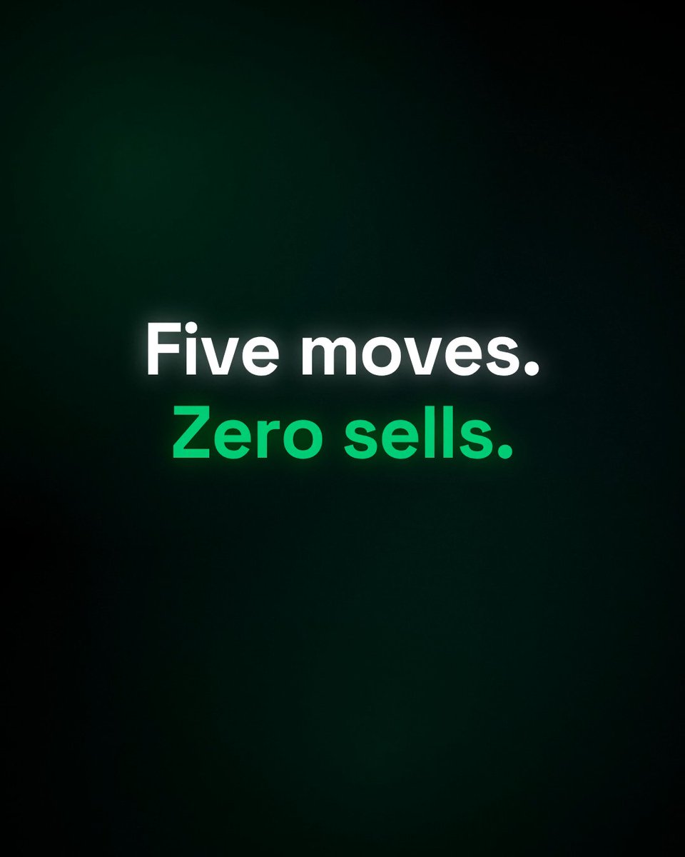 A dark graphic with glowing text reading "Five moves." in white and "Zero sells." in bright green.