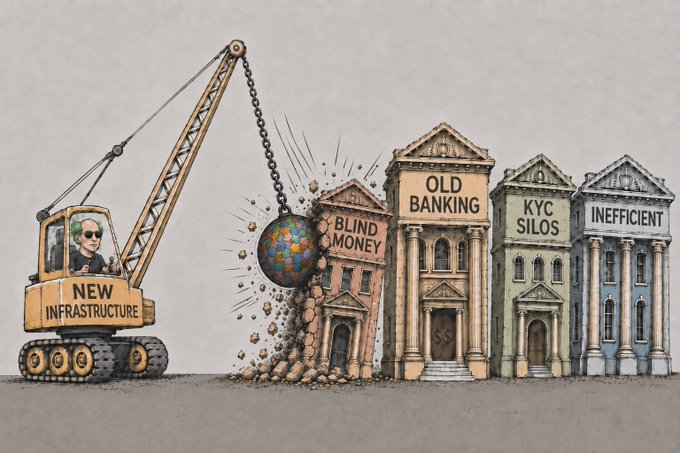 An editorial illustration shows a crane labeled 'NEW INFRASTRUCTURE' operated by a figure with a green mohawk using a wrecking ball to demolish buildings labeled 'BLIND MONEY', 'OLD BANKING', 'KYC SILOS', and 'INEFFICIENT'.
