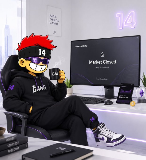 A digital illustration of a cartoon character wearing sunglasses and a headband with the number '14', sitting at a desk with a monitor showing 'CRYPTO UPDATE Market Closed' and 'Enjoy the weekend.', while wearing clothing branded with 'THE GANG' and '14'.