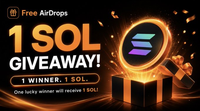 The image is a promotional graphic for a "1 SOL GIVEAWAY" with gold and orange text on a black background, featuring a Solana ($SOL) coin popping out of an open gift box with ribbons and confetti. It advertises a free AirDrops event at freeairdrops.io, announcing that one lucky winner will receive 1 SOL, directly illustrating the post's message about the live SOL airdrop event.