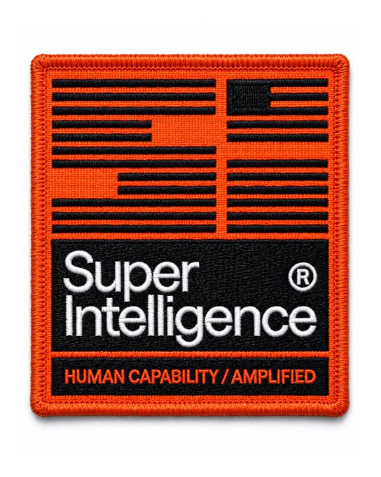 An embroidered "Super Intelligence® — Human Capability / Amplified" patch with a barcode-style design, matching the "Super Intelligence" branding referenced in the post.