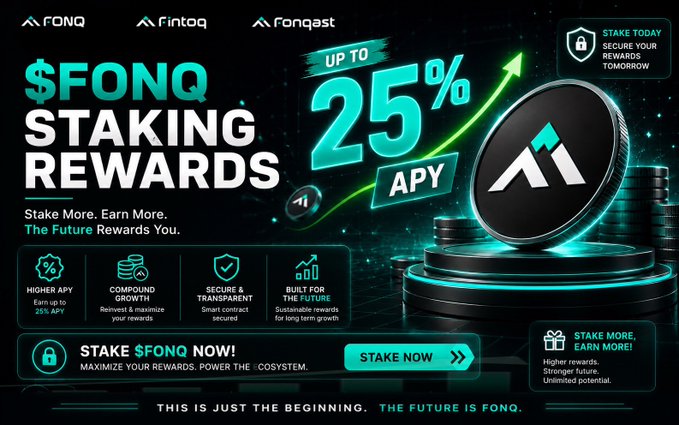 A dark-themed advertisement for '$FONQ Staking Rewards' offering 'UP TO 25% APY', highlighting features like higher APY, compound growth, secure contracts, and sustainable rewards.