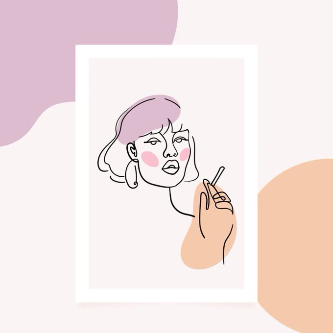A minimalist line-art illustration of a woman with pink hair holding a cigarette, framed with abstract pastel shapes in pink and peach tones.