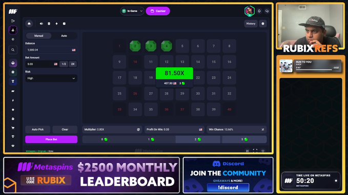 Live stream screenshot of a gambling/crash game called "Metaspins" with an 81.50X multiplier, featuring streamer "RUBIXREFS" and a $2500 monthly leaderboard promo.