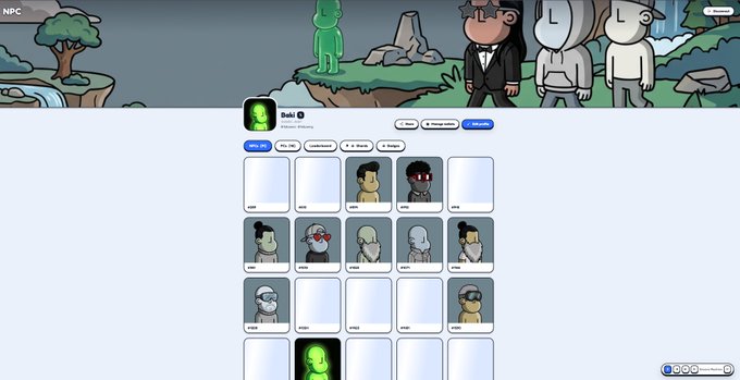 The image shows a screen from the game "HUMANITY," featuring the character "Bold" alongside a collection of cute avatar NPCs and a glowing green dog, with the empty slots reflecting the post's message about "the art of doing nothing."