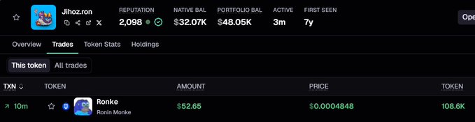 This image shows the wallet profile of "Jihoz.ron" on a portfolio tracker, displaying holdings of 108.6K $RONKE (Ronin Monke) tokens valued at $52.65 with a current price of $0.0004848, illustrating a recent trade activity by Jihoz.