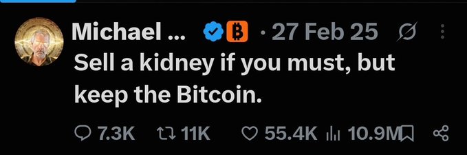 A verified X post by Michael dated 27 Feb 25 reads "Sell a kidney if you must, but keep the Bitcoin," with 7.3K replies, 11K reposts, and 55.4K likes, accompanying another post where he jokes about selling his actual kidney to buy the $KIDNEY memecoin.