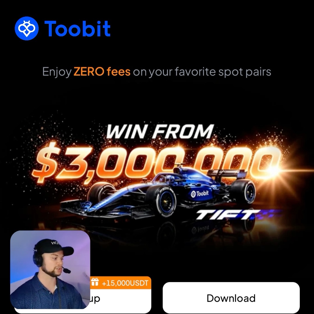 A promotional ad for Toobit's TIFT 2026 trading competition, featuring the Toobit logo, "Enjoy ZERO fees on your favorite spot pairs," and a race car graphic with the headline "WIN FROM $3,000,000." The image also shows a streamer/influencer and a "+15,000USDT" sign-up bonus offer alongside a "Download" button, aligning with the post's promotion of TIFT 2026's $3M USDT prize pool and the platform's diverse trading opportunities.