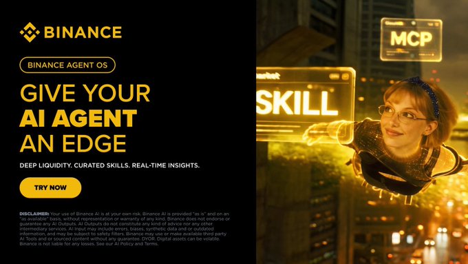 A Binance promotional advertisement for "Binance Agent OS" featuring a futuristic woman with glasses reaching toward holographic screens labeled "SKILL" and "MCP," with the tagline "Give Your AI Agent An Edge."